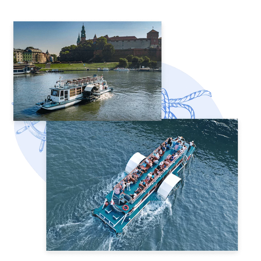 Statek Legenda podczas rejsu po Wiśle w Krakowie widoczny z powietrza