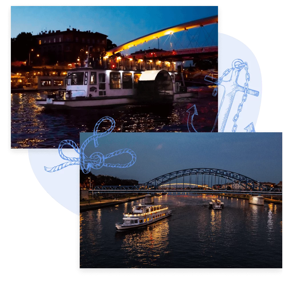 Statki Horyzont i Legenda podczas wieczornego rejsu po Wiśle w Krakowie