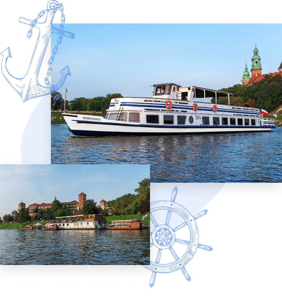 Statek Legenda podczas rejsu po Wiśle w Krakowie i widok na naszą przystań z przycumowaną barką Arkadia