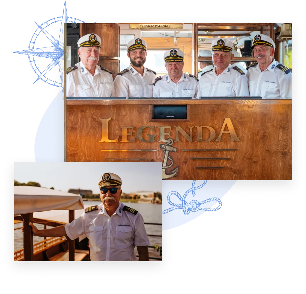 Zespół naszych kapitanów stojący na mostku statku Legenda